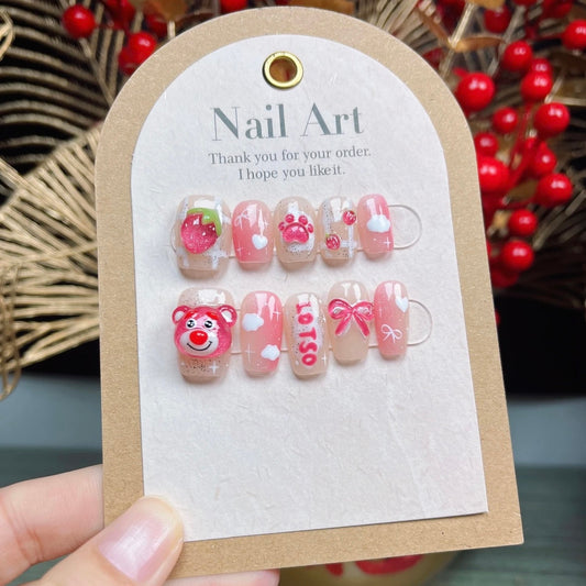 Handmade Strawberry Bear Nails