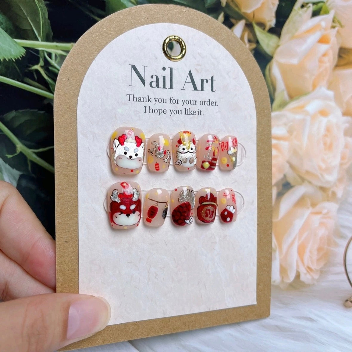 Cute Little Dragon Cat Eyes Hand-Painted Nails