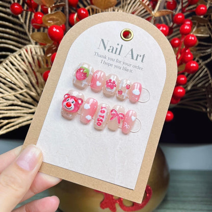 Handmade Strawberry Bear Nails