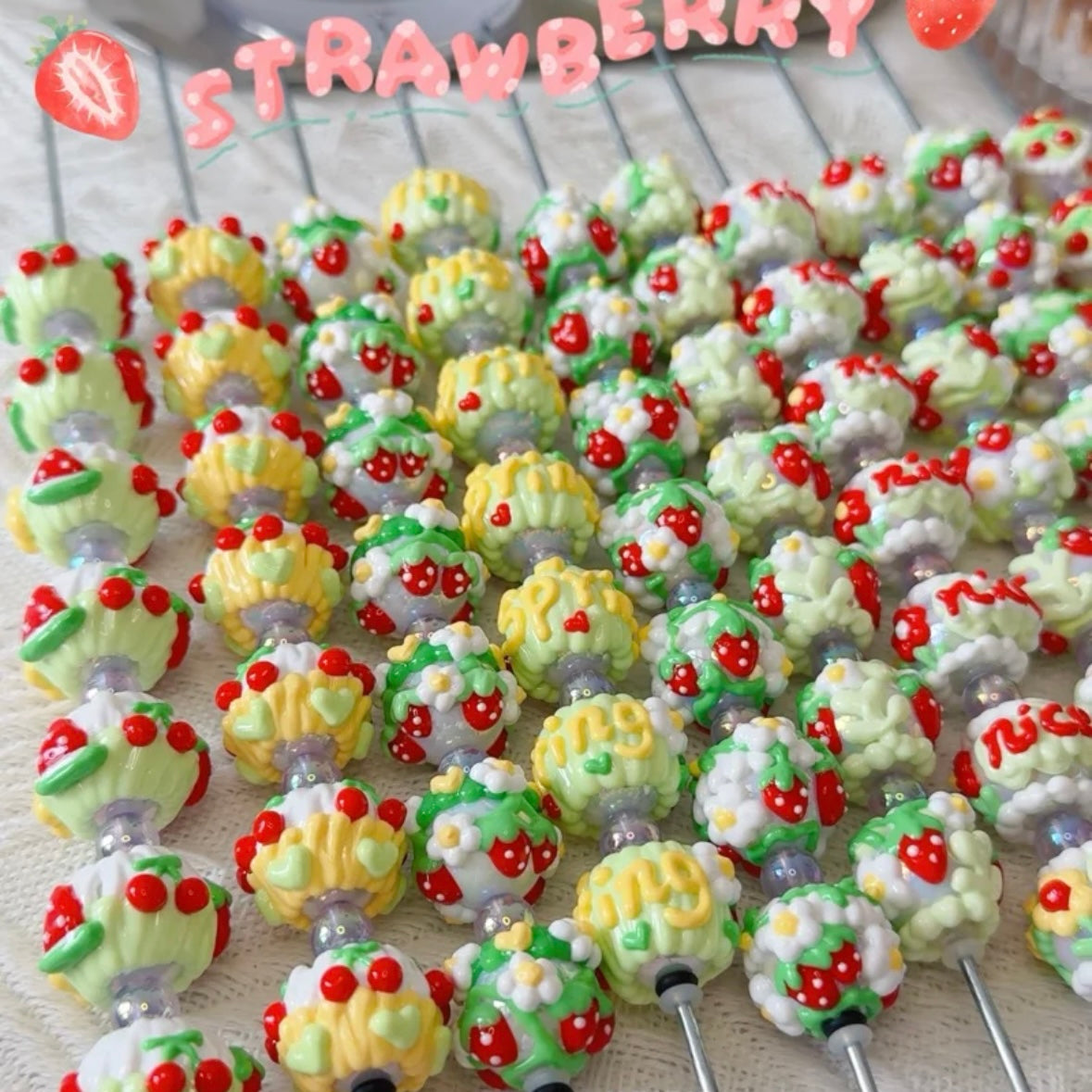 Strawberry Green Hand-Painted Beads